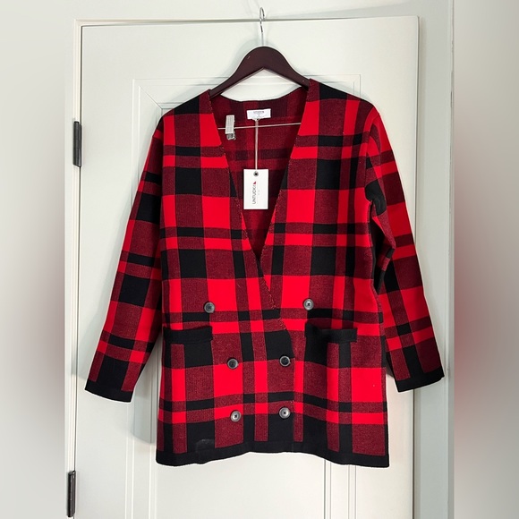 NWT UNTUCKit Chloe Red Black Buffalo Plaid Blazer Knit Sweater Jacket Size S/M - Picture 4 of 9